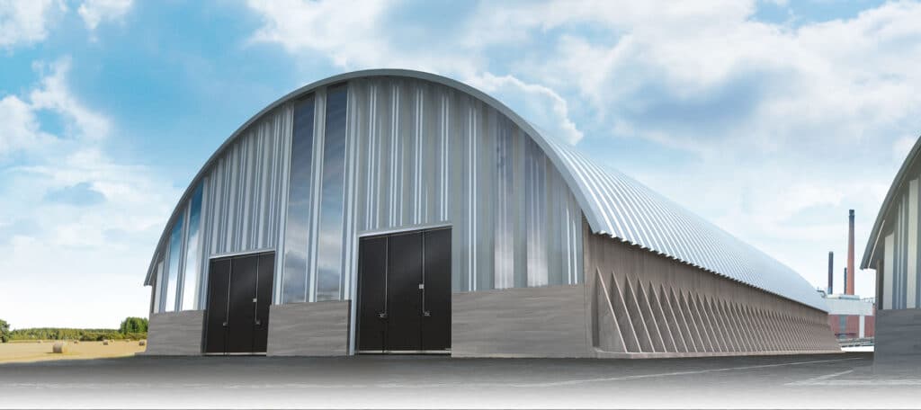 Teräshalli, kaarihalli.